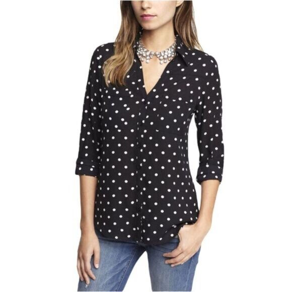 Express Tops - Express Polka Dots Long Sleeves Button Up The Portofino Shirt‎ Small